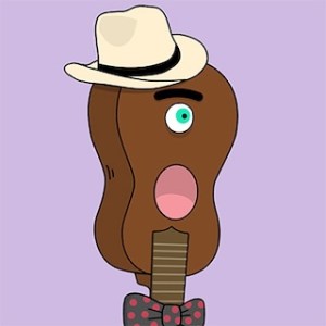 Illustration of a person's head shaped like an ukulele with one eye, an open mouth as if singing, a stylish hat, and bowtie